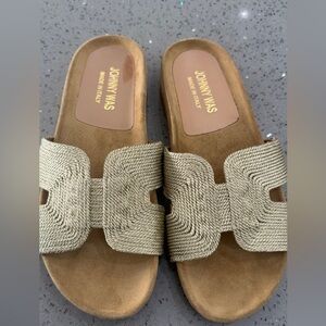 Johnny Was Gold Braided Slide Sandals with Tan Suede Footbed